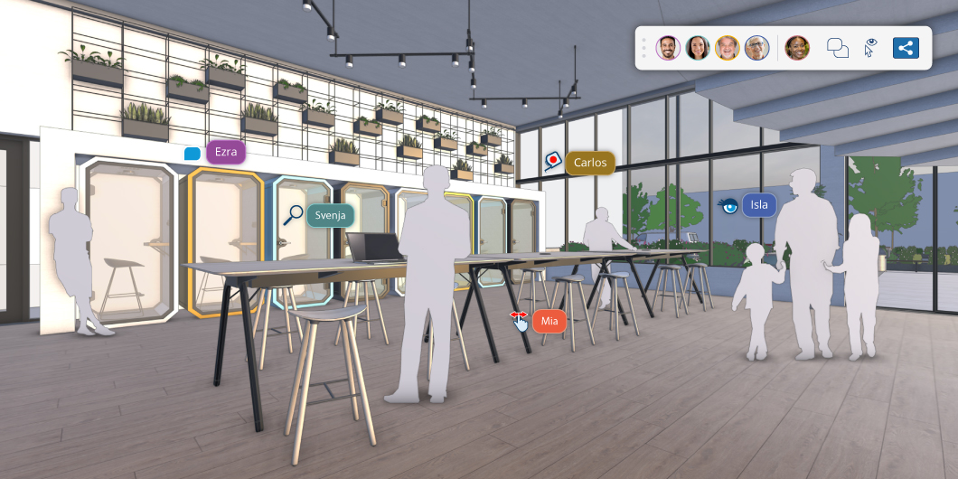 SketchUpi mudel, mis näitab mudeli kohal hõljuvaid kasutajaikoone, mis illustreerivad uut reaalajas vaatamise koostööfunktsiooni.